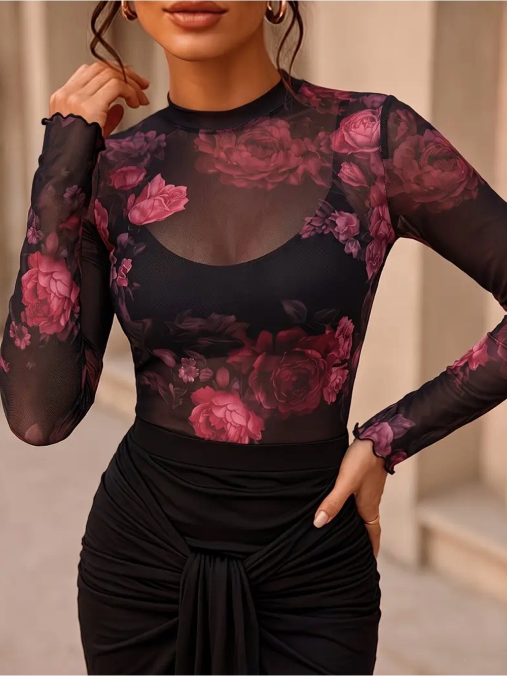 Women's Floral Mesh Long Sleeve Tops - Sheer Lace Mockneck Layering Shirt